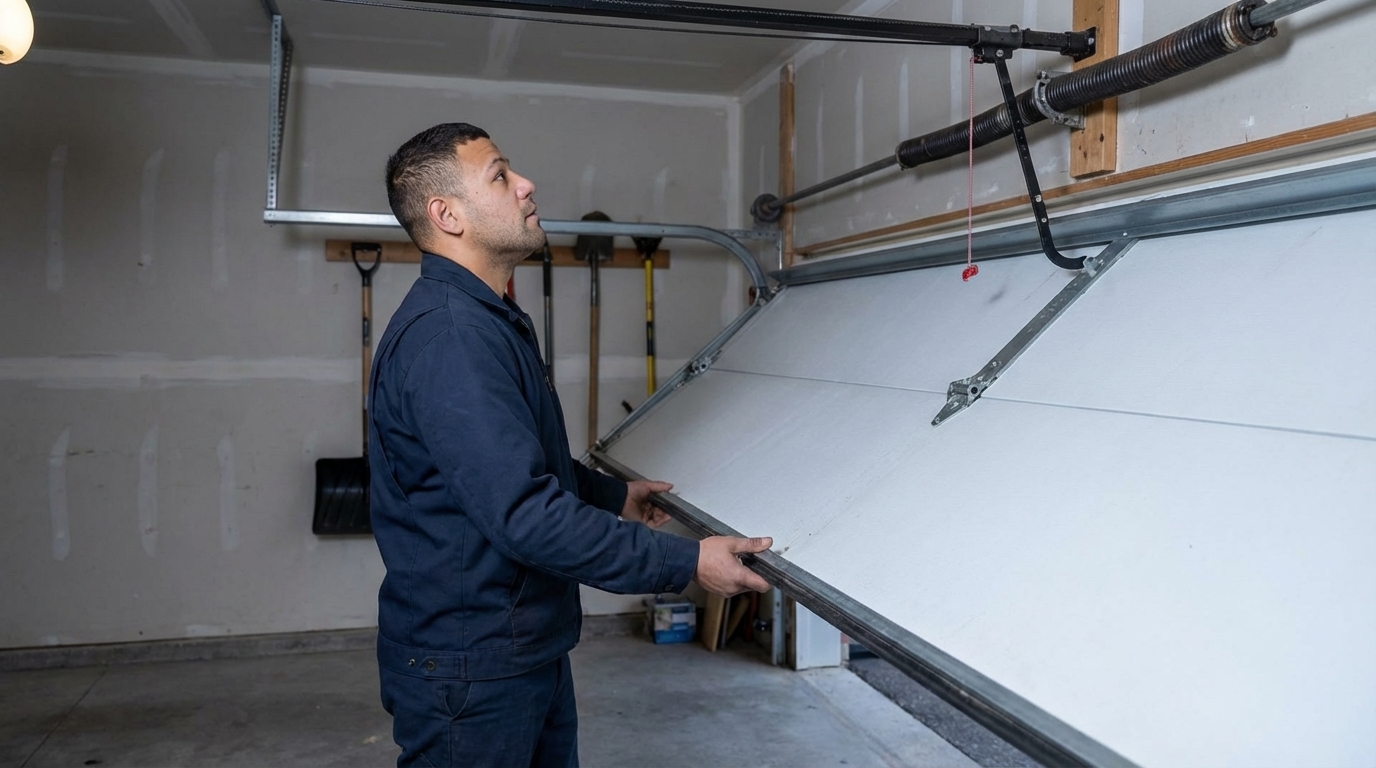 Garage door and spring shaft shown during balance inspection