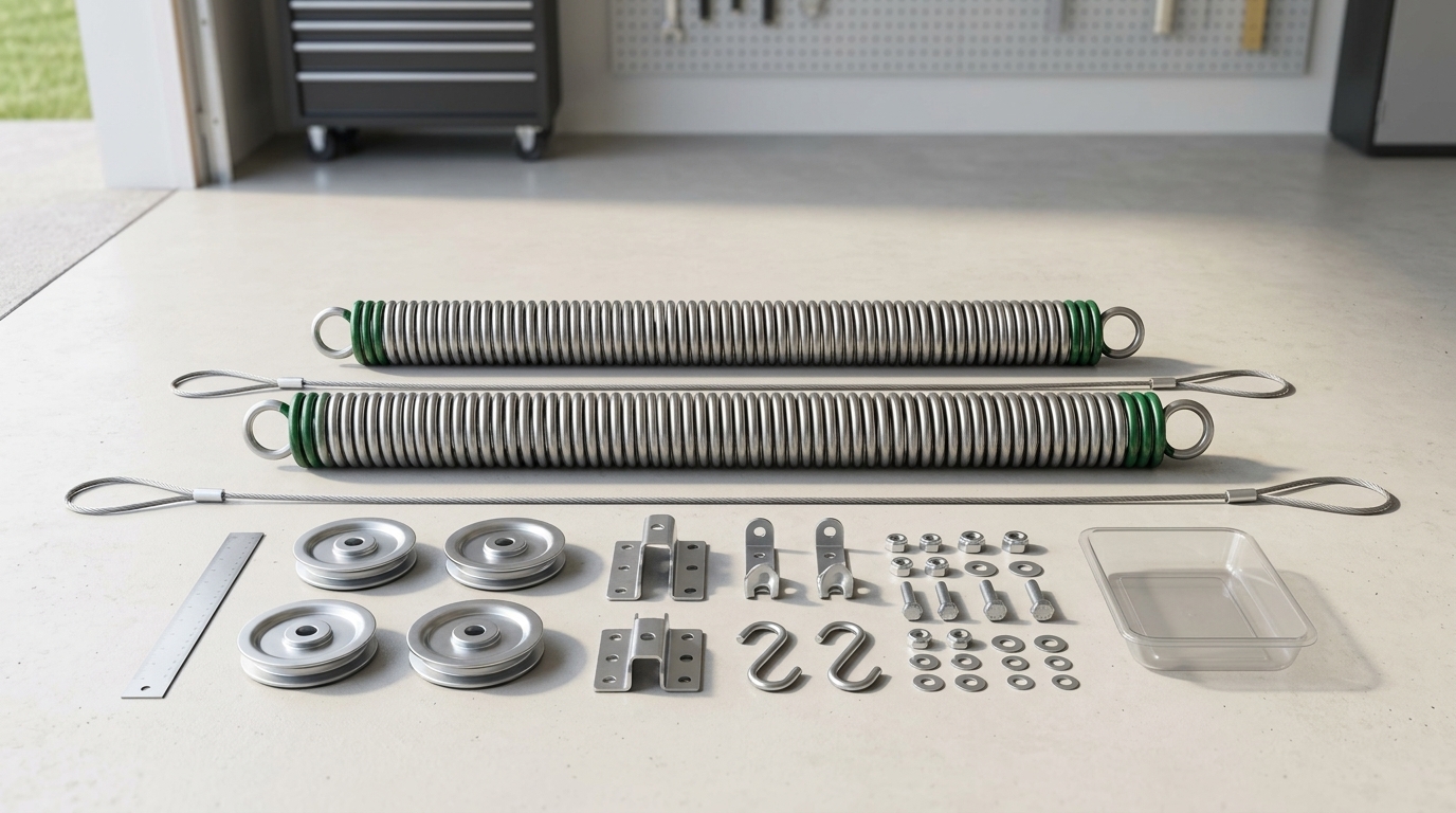 Replacement extension spring hardware prepared for garage door repair