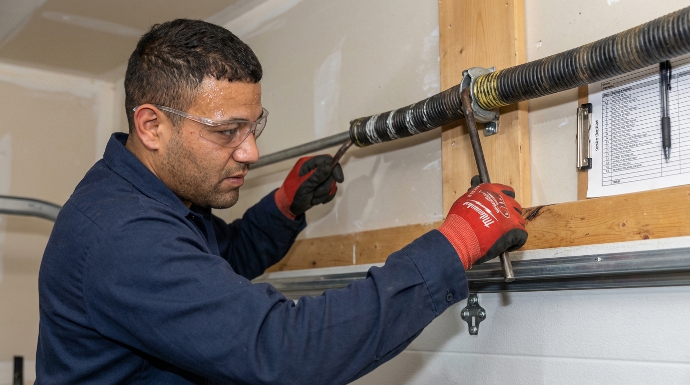 Technician adjusting a garage door spring tension system