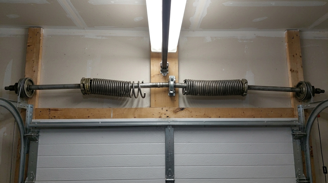 Broken torsion spring mounted above a residential garage door