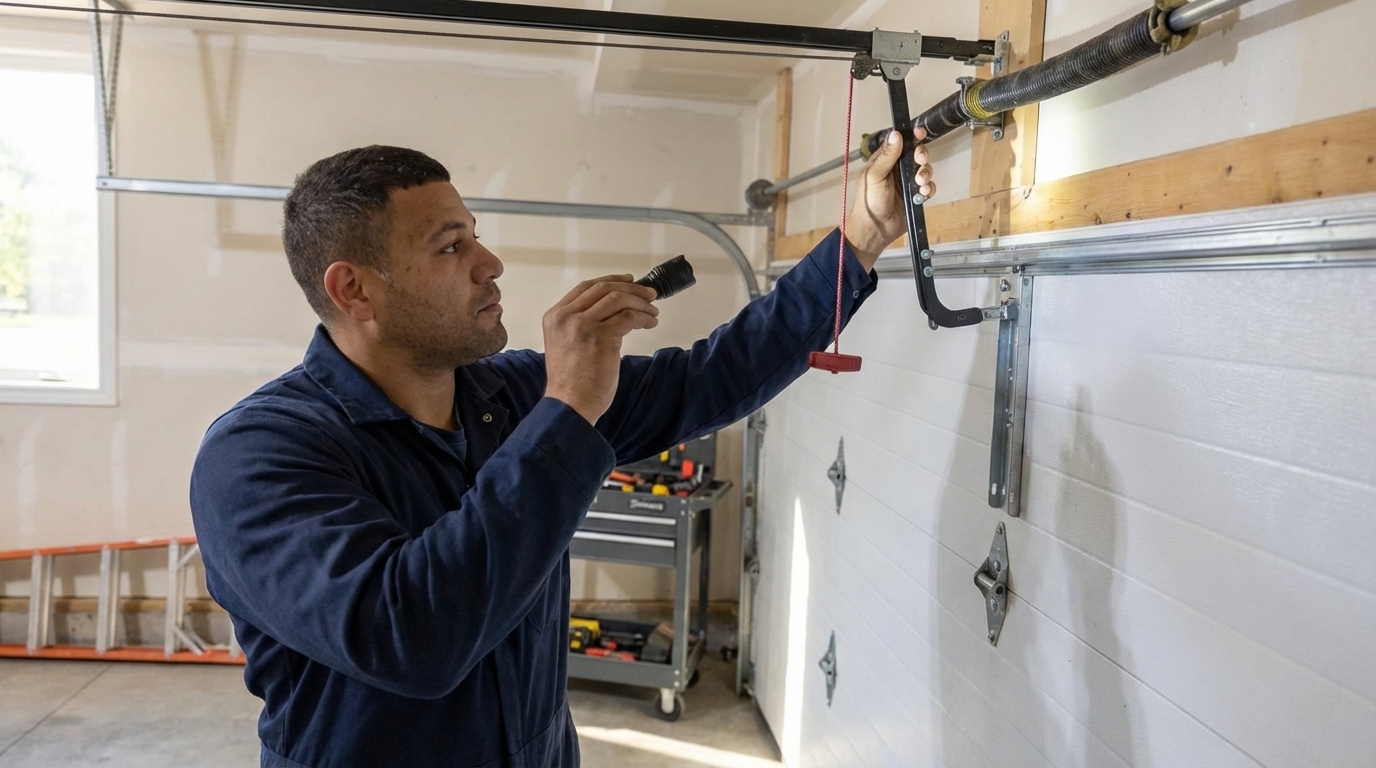 Garage door spring setup being checked during inspection