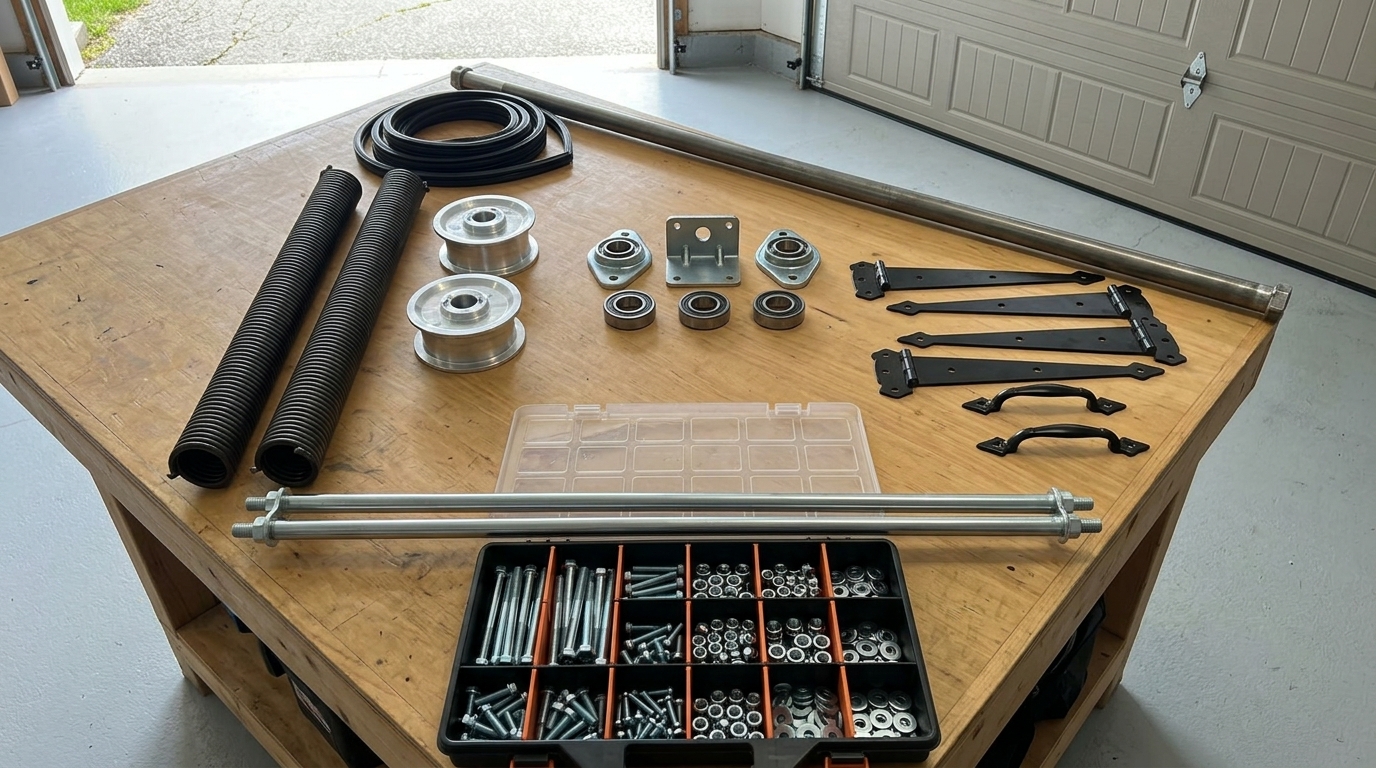 New replacement spring components laid out for repair work